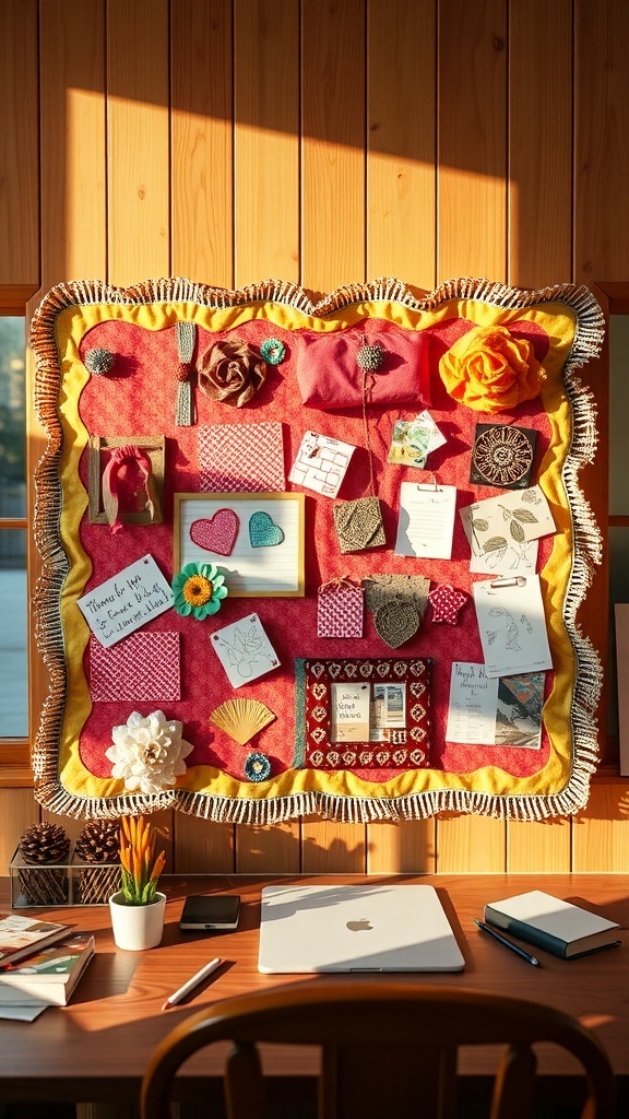 A colorful fabric-covered bulletin board displaying various notes and cards.