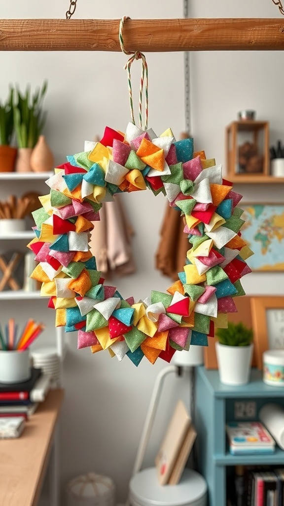 Colorful DIY fabric scrap wreath hanging on a wooden rod