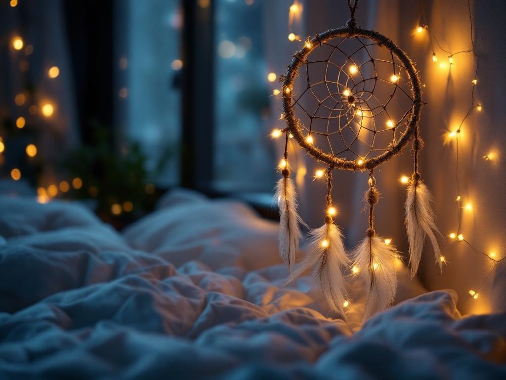 A dreamcatcher with fairy lights hanging in a cozy bedroom