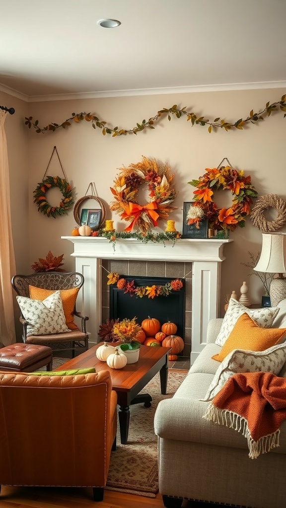 A cozy fall living room with decorated fireplace, pumpkins, and warm colors.