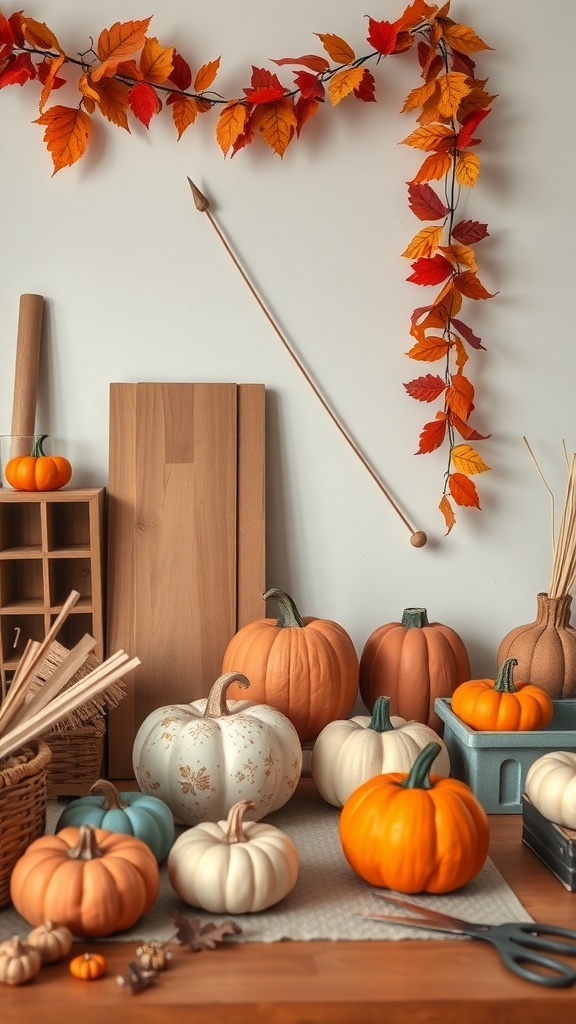 A cozy fall decor setup featuring pumpkins and autumn leaves.