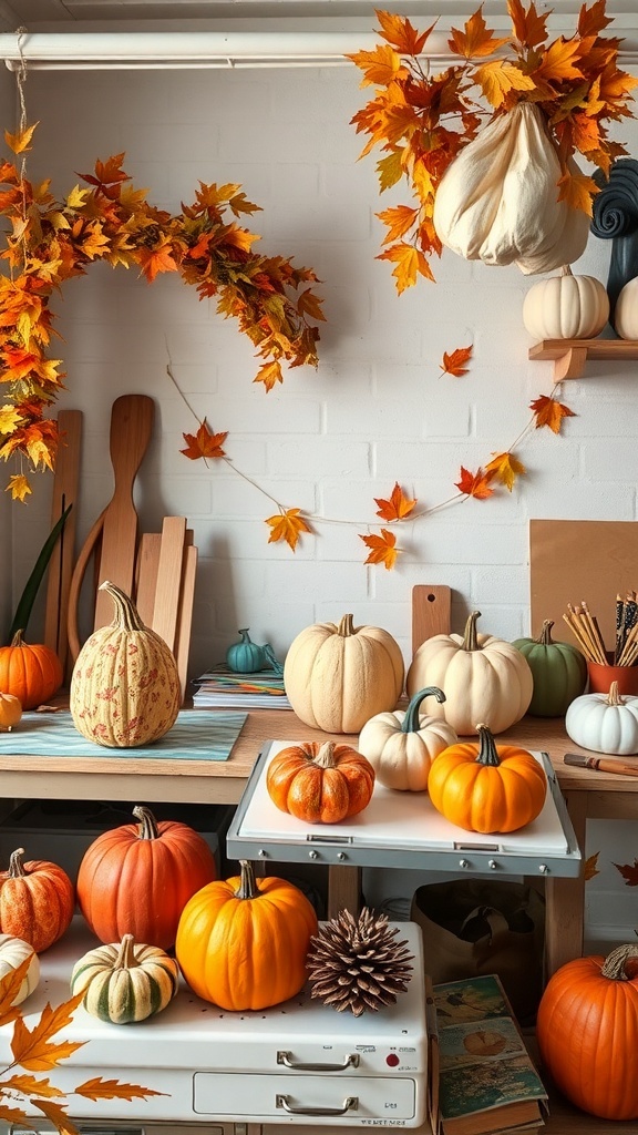A cozy fall decor setup featuring various pumpkins and autumn leaves arranged on a table.
