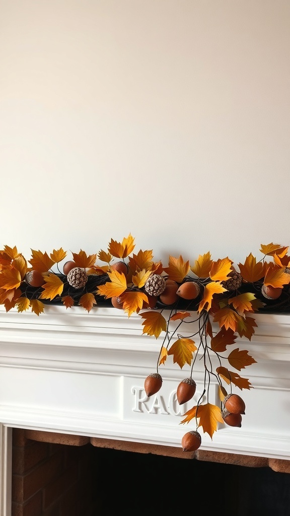 A fall garland made of orange leaves, acorns, and pine cones, displayed on a white mantel.