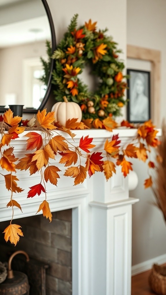 A fall garland made of orange and red leaves draped over a white mantel with a small pumpkin and a wreath.
