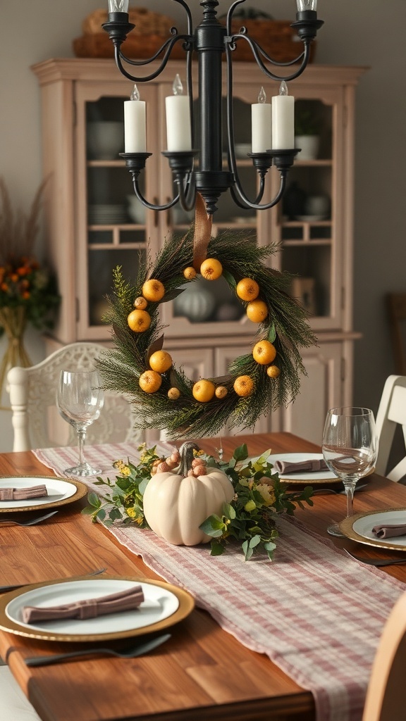 A fall dining table decorated with a DIY wreath, a small white pumpkin, and a plaid table runner.