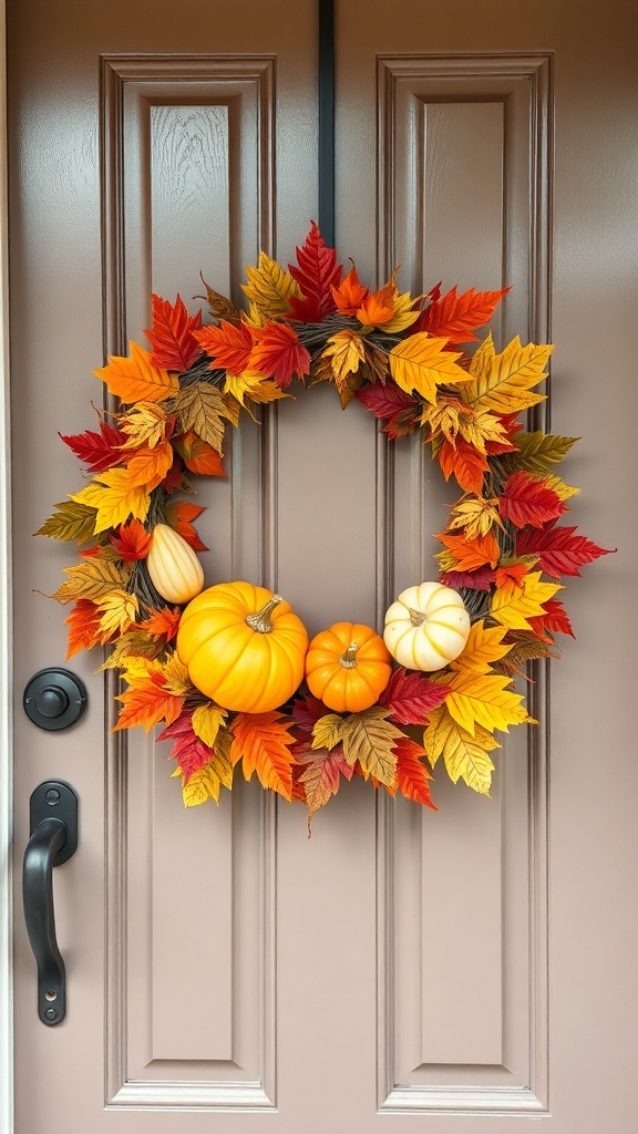 A fall wreath made of colorful leaves and pumpkins hanging on a front door.