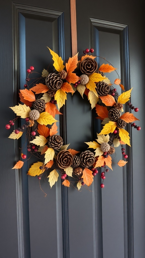 A fall wreath made of colorful leaves, pinecones, and berries, hanging on a dark door.
