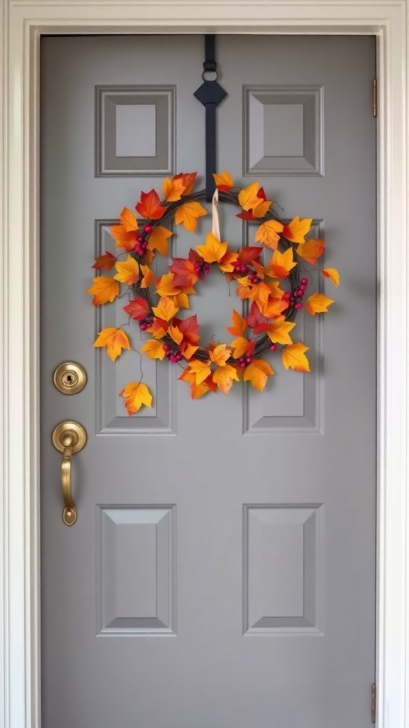 A fall wreath made of orange and yellow leaves hanging on a gray door.
