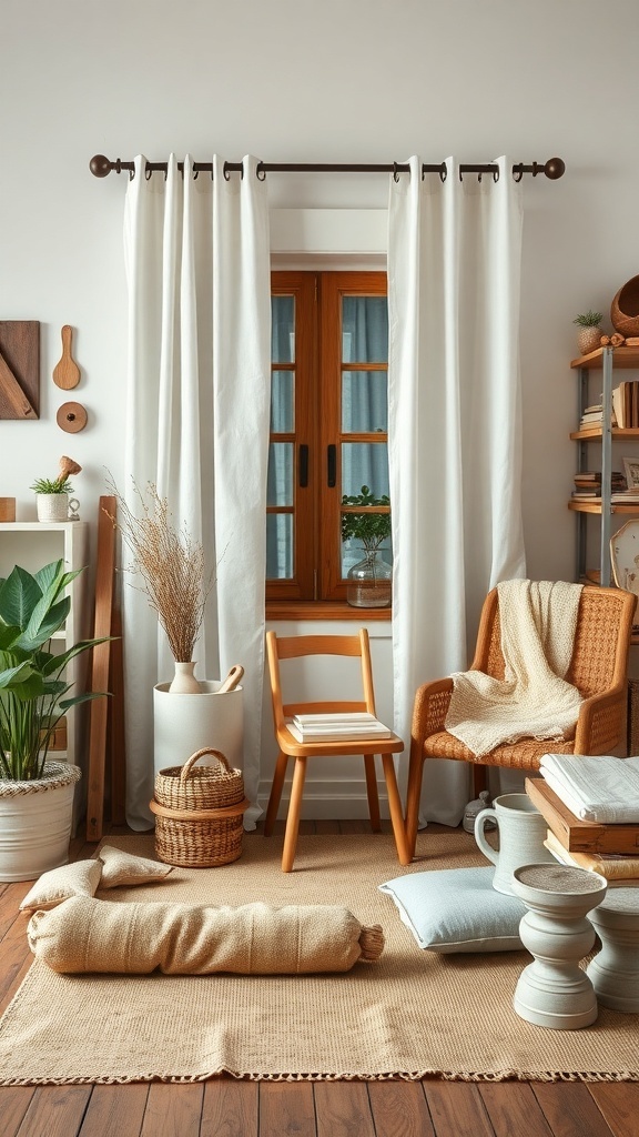 A cozy living room featuring white curtains, a wooden window, and a warm decor style.