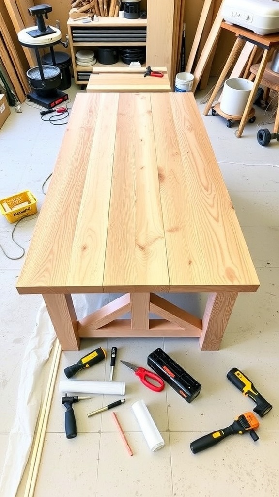 A workspace with a partially built farmhouse table and various tools scattered around.