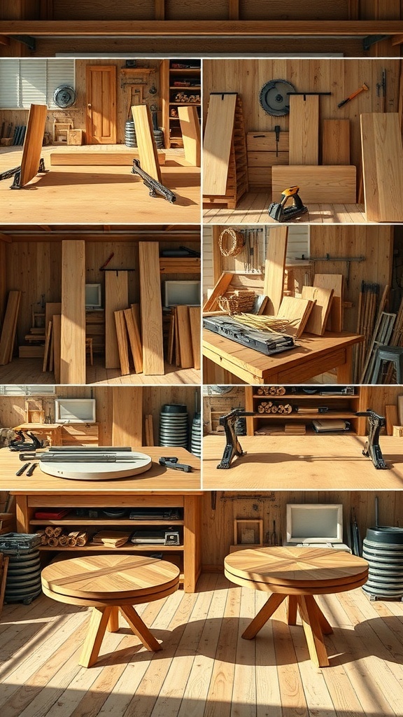 A round farmhouse kitchen table with wooden chairs in a bright kitchen.