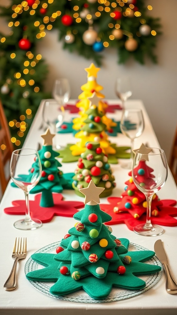 Colorful felt Christmas tree place mats on a dining table