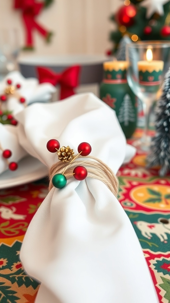 A close-up of a white napkin tied with twine and decorated with red and green beads, set on a festive table.
