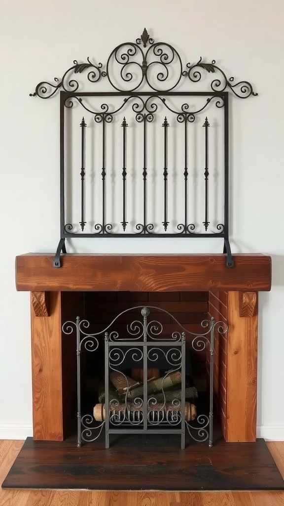 A decorative fireplace screen with intricate metalwork above a wooden mantel.
