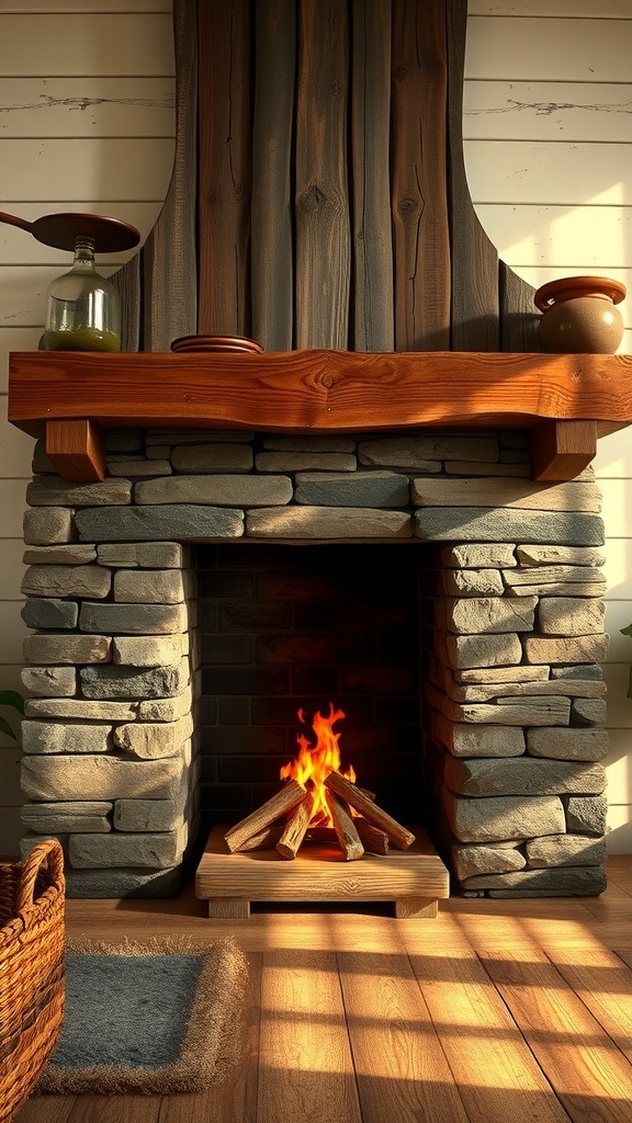 A rustic DIY fireplace made from reclaimed wood with a sign that says 'DIY' and 'DUSH'.