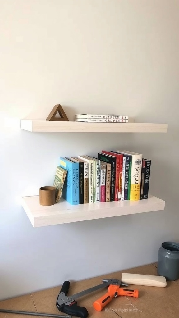 A DIY floating bookshelf project with tools and materials scattered around.