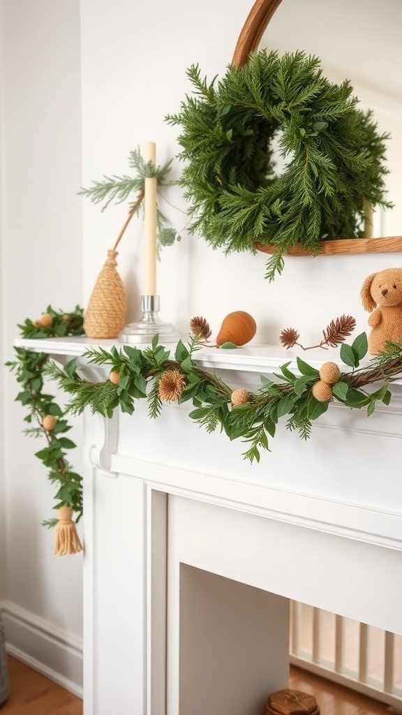 A cozy DIY garland made with yarn and decorative elements, displayed on a shelf.
