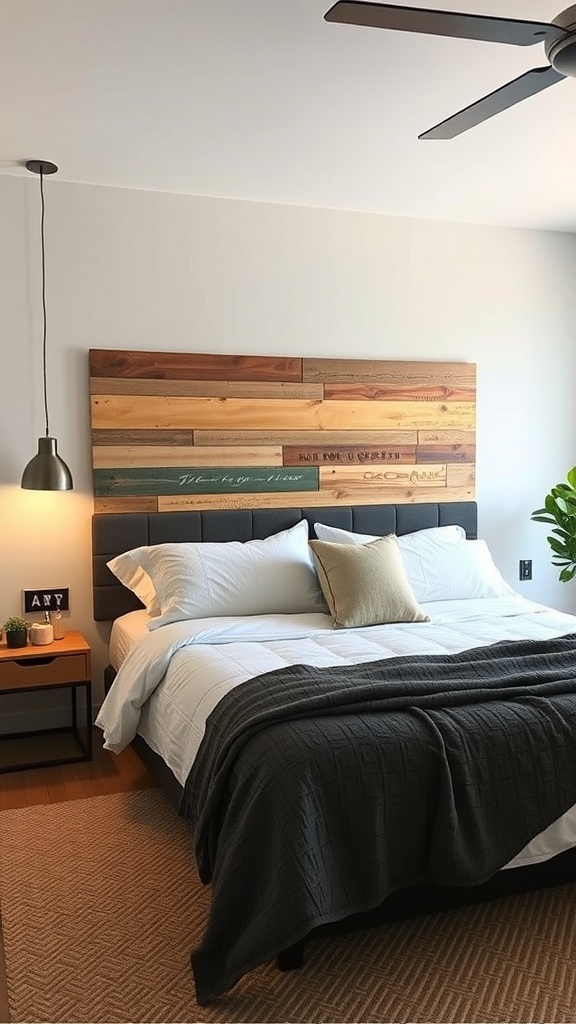 A stylish bedroom featuring a wooden headboard made from reclaimed wood.