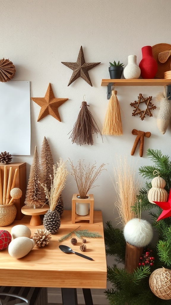 A cozy Christmas room decor featuring handmade crafts and natural elements.