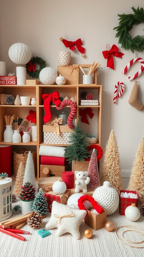 A cozy room decorated for Christmas with various DIY crafts and holiday decor.