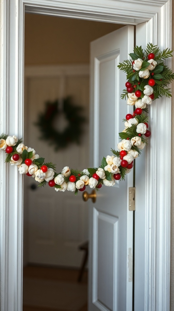 A decorative garland made of white flowers, red berries, and green leaves, draped over a door frame.