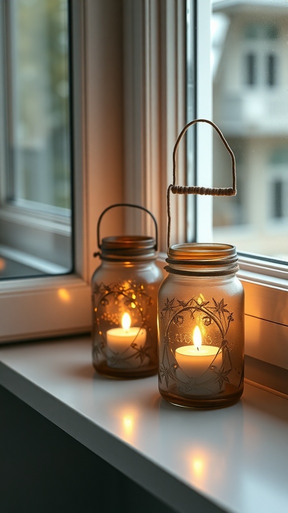 Two jar lanterns with candles on a windowsill, glowing warmly.