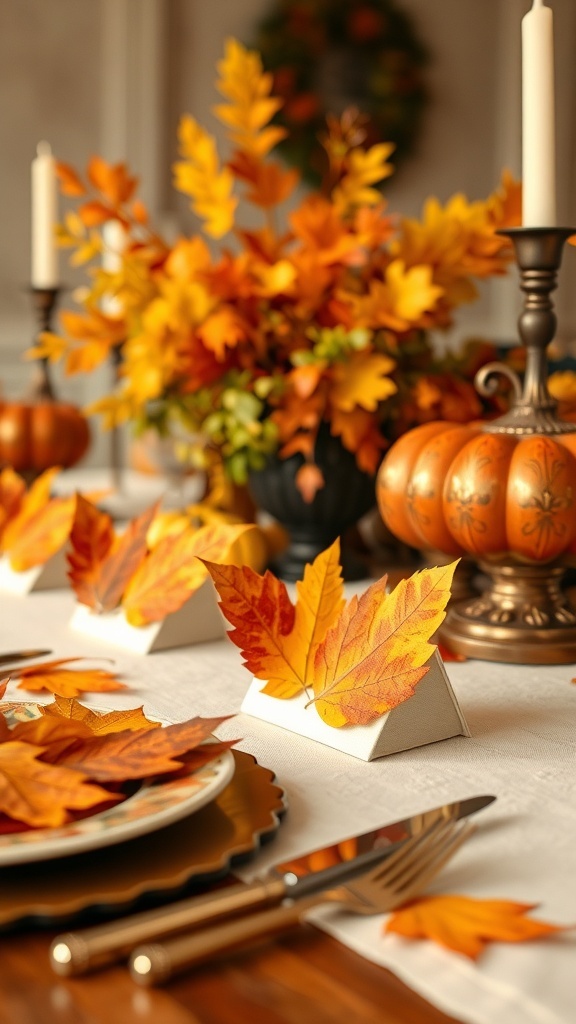 A Thanksgiving table decorated with DIY leaf place cards, featuring colorful leaves and a warm autumn theme.