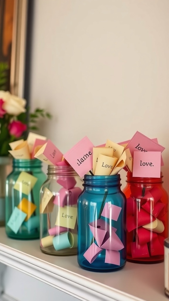 Three jars filled with love notes and decorative messages, with flowers in the background.