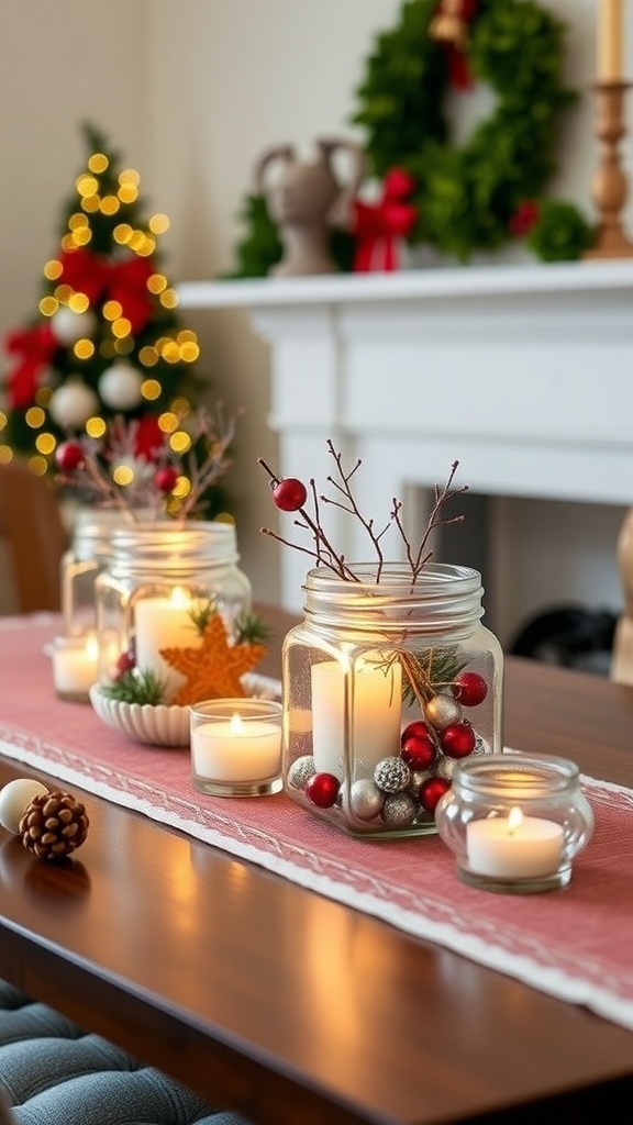 A festive table setting with mason jar candle holders, decorated with pine branches and ornaments.