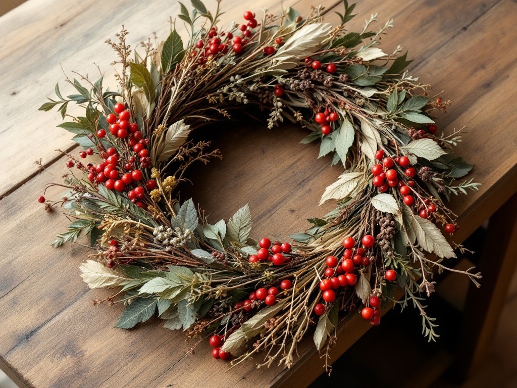 A natural wreath made of dried leaves and red berries on a wooden table.