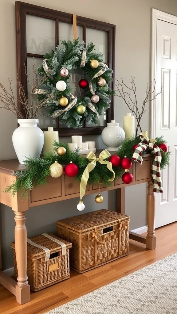 A beautifully decorated entryway table with a garland of ornaments, a wreath, and candles.