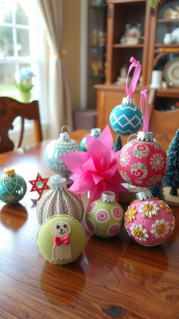 Colorful DIY ornaments on a wooden table, showcasing various designs and patterns.