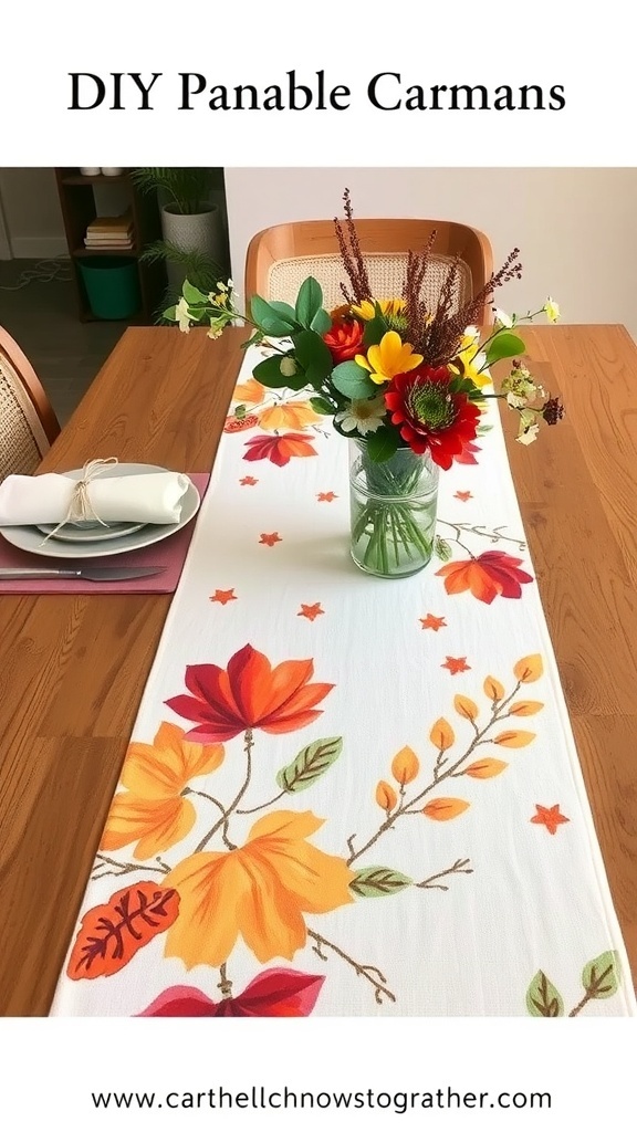 A DIY painted canvas table runner featuring autumn leaves and flowers, set on a wooden table with a vase of colorful flowers.