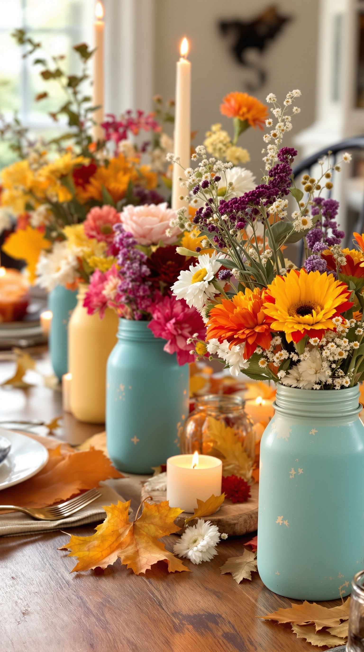 Colorful painted mason jars filled with flowers on a Thanksgiving table