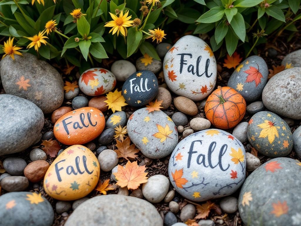 Colorful painted rocks with fall themes among garden flowers