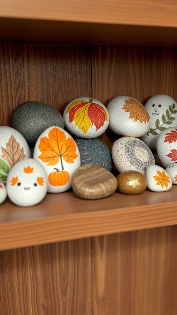 A collection of painted rocks with autumn designs, including leaves and pumpkins, displayed on a wooden shelf.