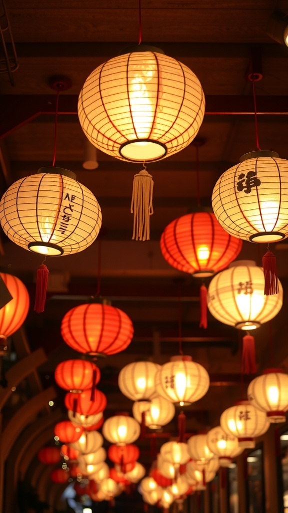 Colorful paper lanterns hanging from the ceiling, creating a festive atmosphere.