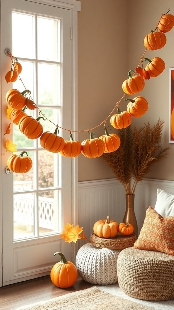 A cozy room decorated with a paper pumpkin garland, featuring orange pumpkins and fall decor.