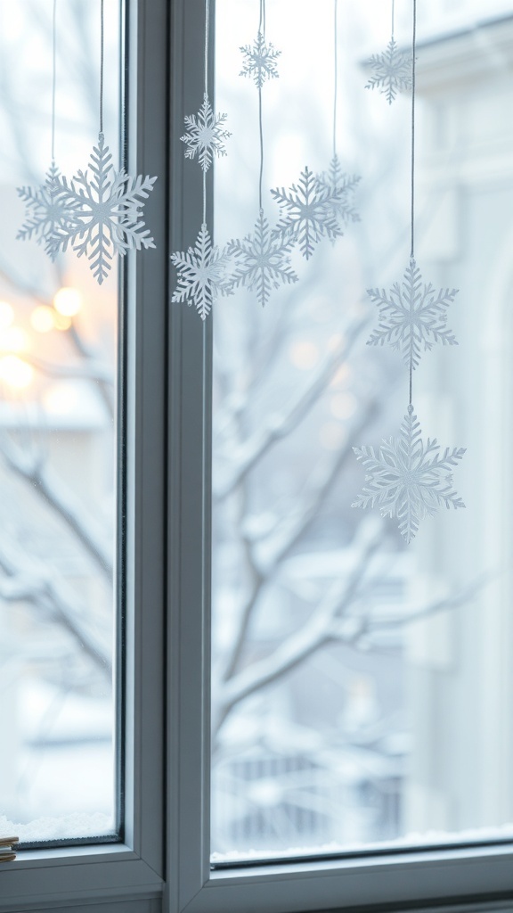 Beautifully crafted paper snowflakes hanging in a window.