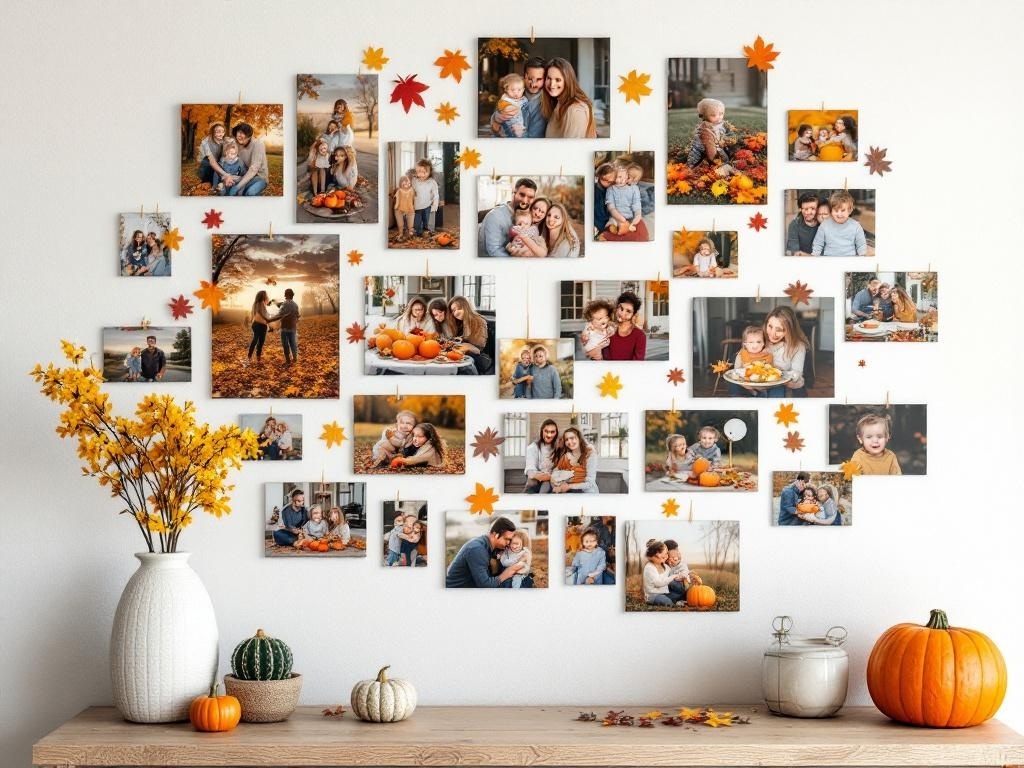 A DIY photo collage featuring family photos and autumn decorations, including pumpkins and leaves.