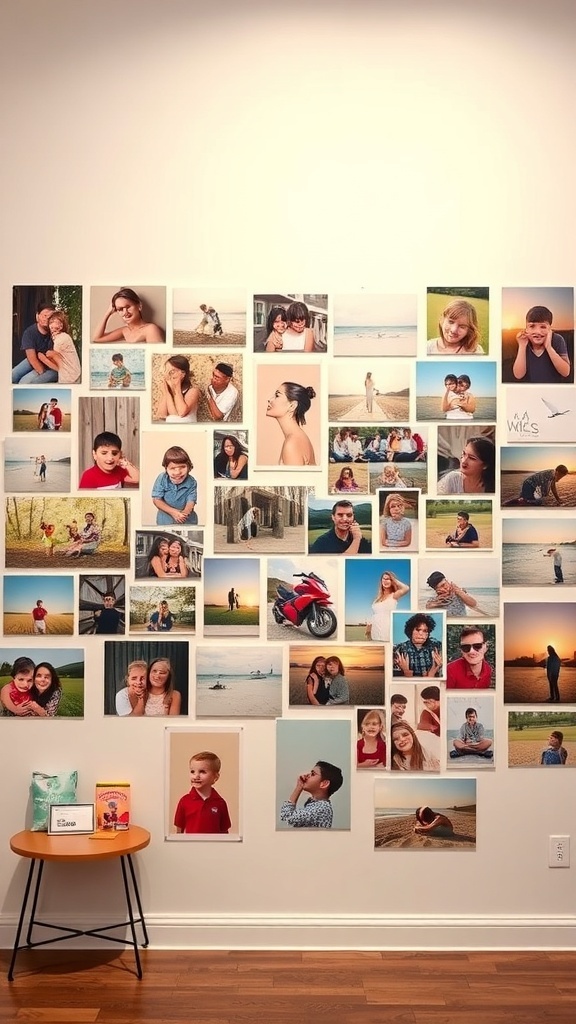 A wall decorated with a collage of various family and friend photos, showcasing joyful moments.