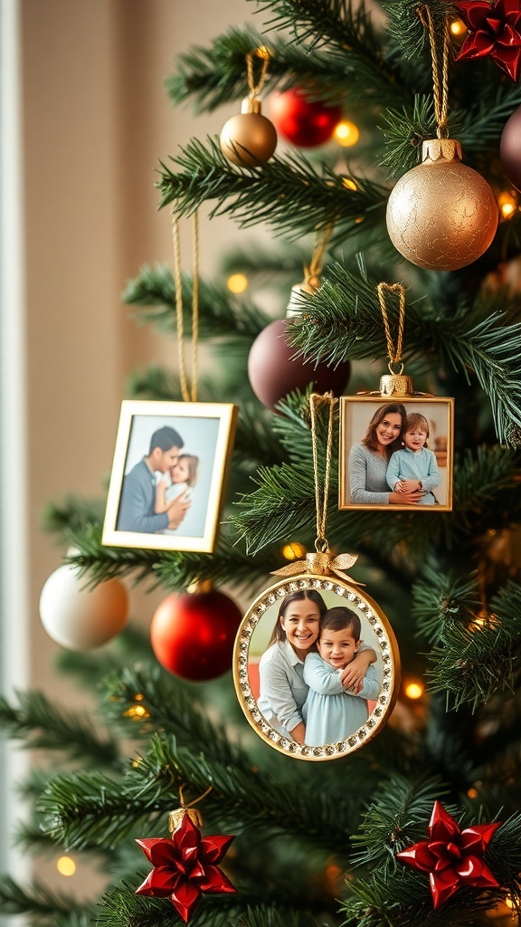 A Christmas tree decorated with photo ornaments and traditional baubles.