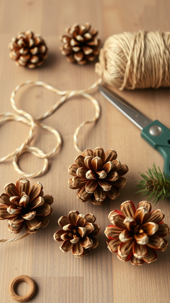 DIY pinecone decorations with twine, scissors, and wooden ring on a wooden surface