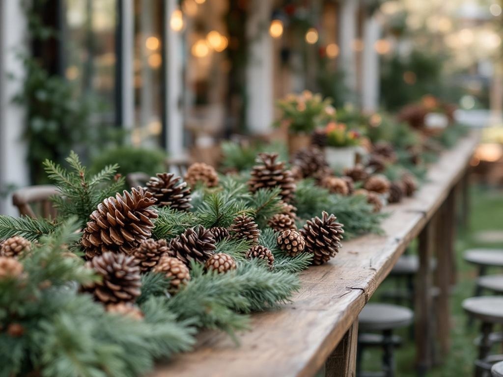 A rustic table decorated with pinecones and greenery for Thanksgiving.