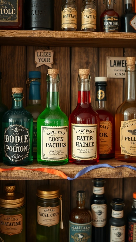 A collection of colorful potion bottles on a wooden shelf, labeled with whimsical names.