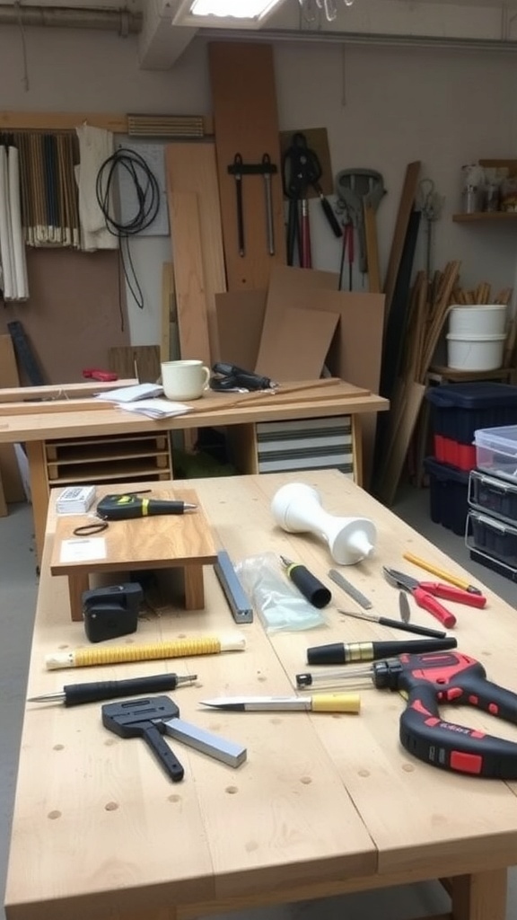A workspace filled with tools and materials for building rustic coffee tables.