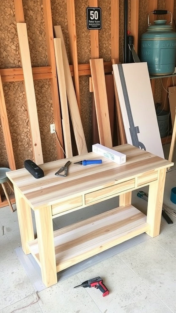 DIY entryway table project with tools and wood materials