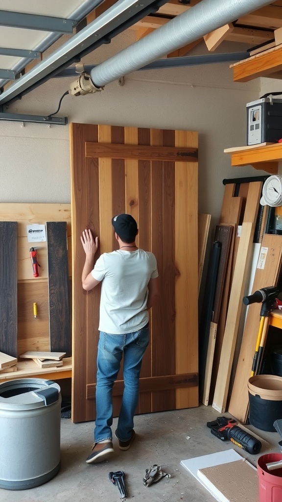 A person working on a rustic door in a workshop.