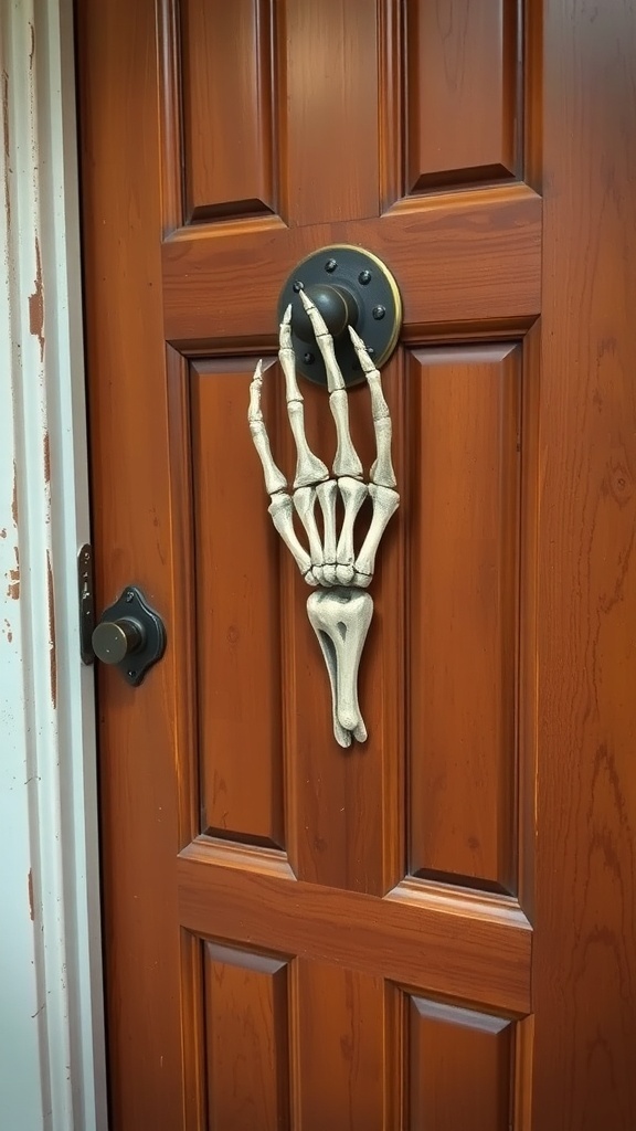 A skeleton hand gripping a door handle on a wooden door