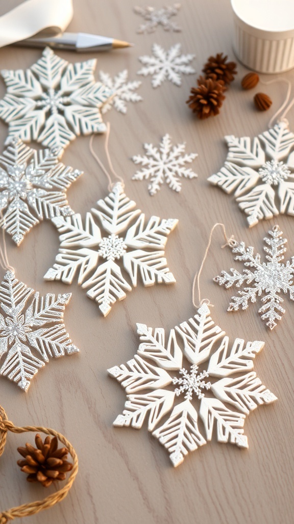 A collection of DIY snowflake ornaments in various designs on a wooden surface.